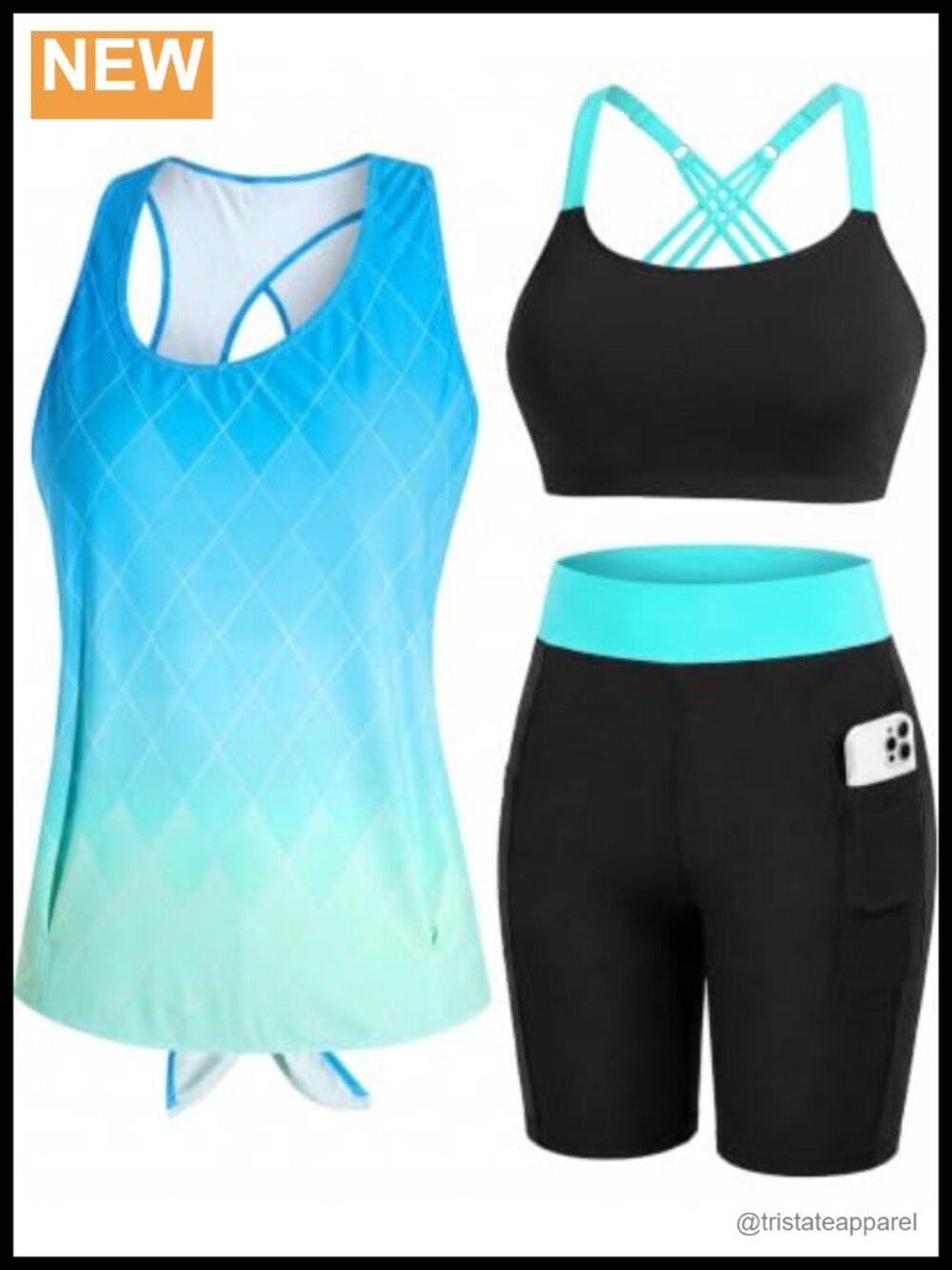 Women's 3 Piece Athletic Tankini Swimsuit with Pocket Shorts